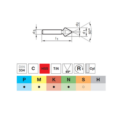 Conical End Mill HSS 3F 60° DIN335, 62327 Dimensions